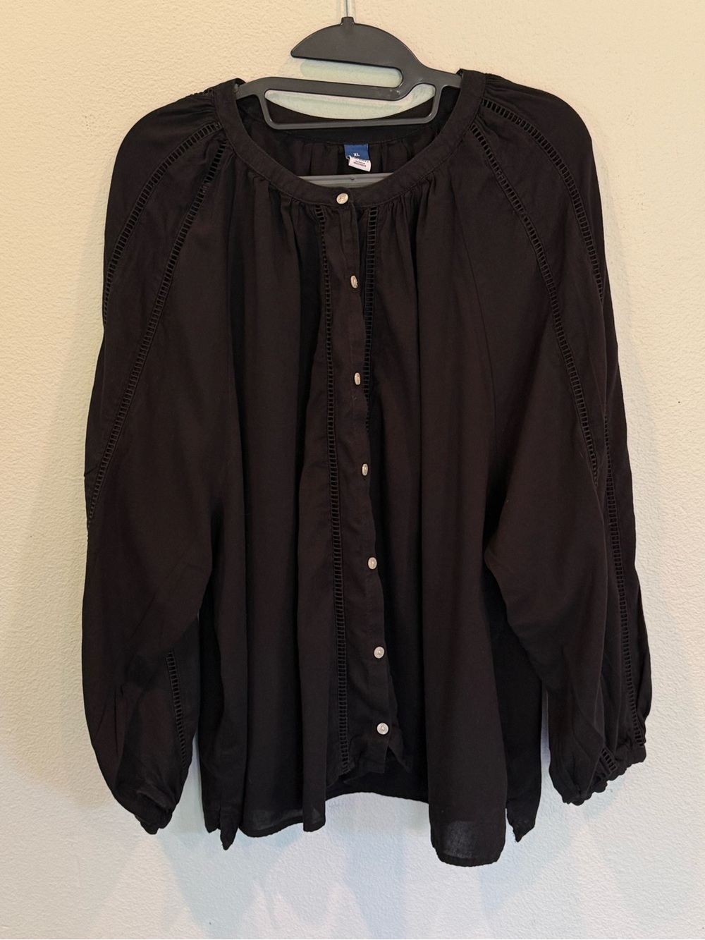 Old Navy Black Long Sleeve Blouse Boho Peasant Top Women’s XL Crochet Trim